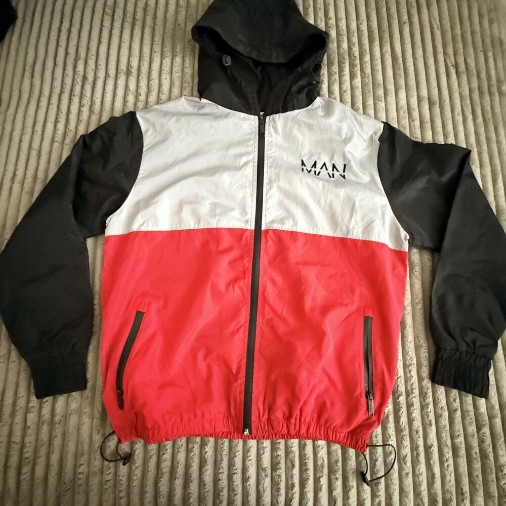 boohooMAN Colorblock Hooded Windbreaker Full Zip Red White Black Men’s XL